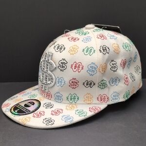 NWT,City Hunter Dollar Sign White Flat Bill Fitted Hat,Size XL7 3/4.